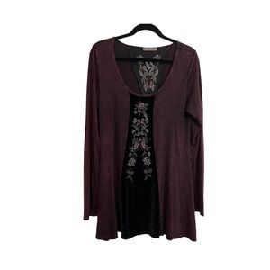 T Party Maroon Acid Wash Flor Embroidered Long Sleeve Tunic Dress Womens Size L